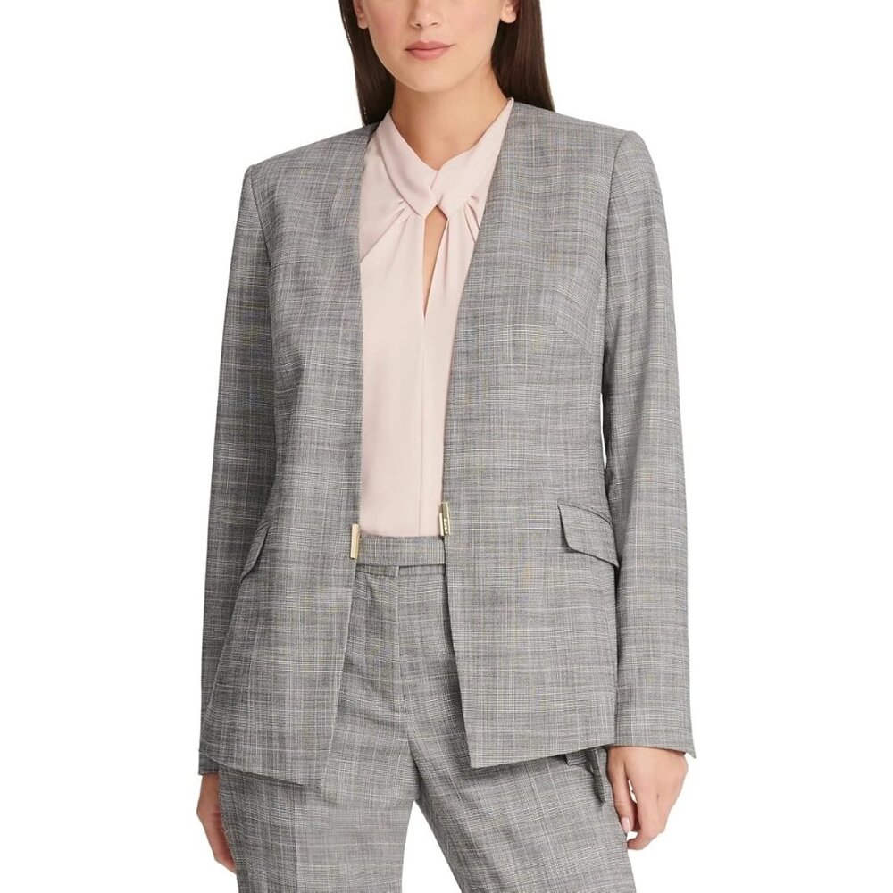 DKNY Size 4 Gray Plaid Open-Front Blazer Polyester Blend Formal Business Attire